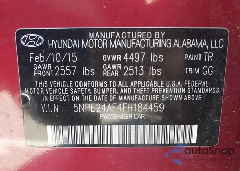 2015 Hyundai Sonata Se from USA, damaged, VIN 5NPE24AF4FH184459